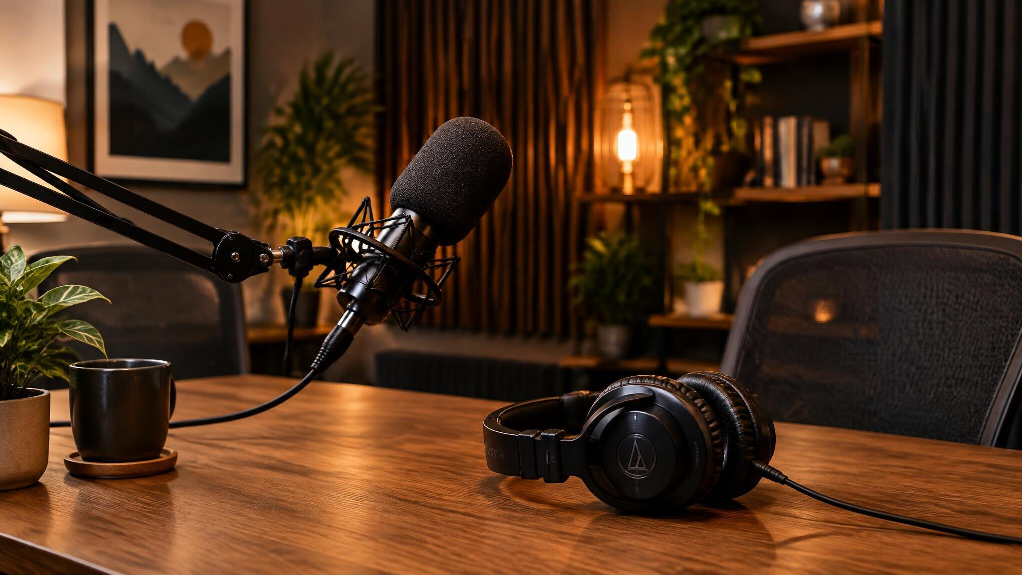 Podcast studio with microphone and headphones