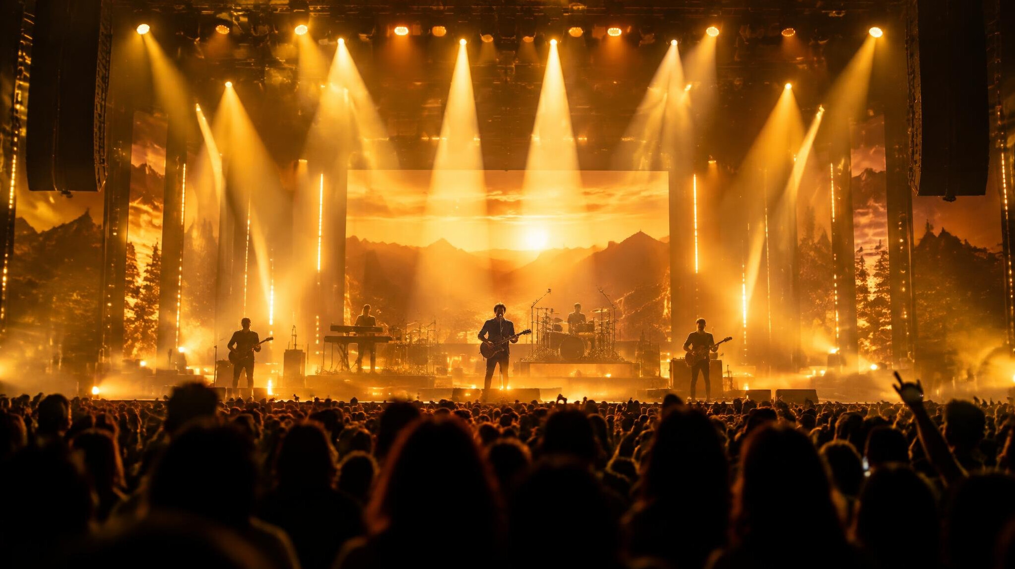 Concert stage with bright lights and silhouettes of an audience