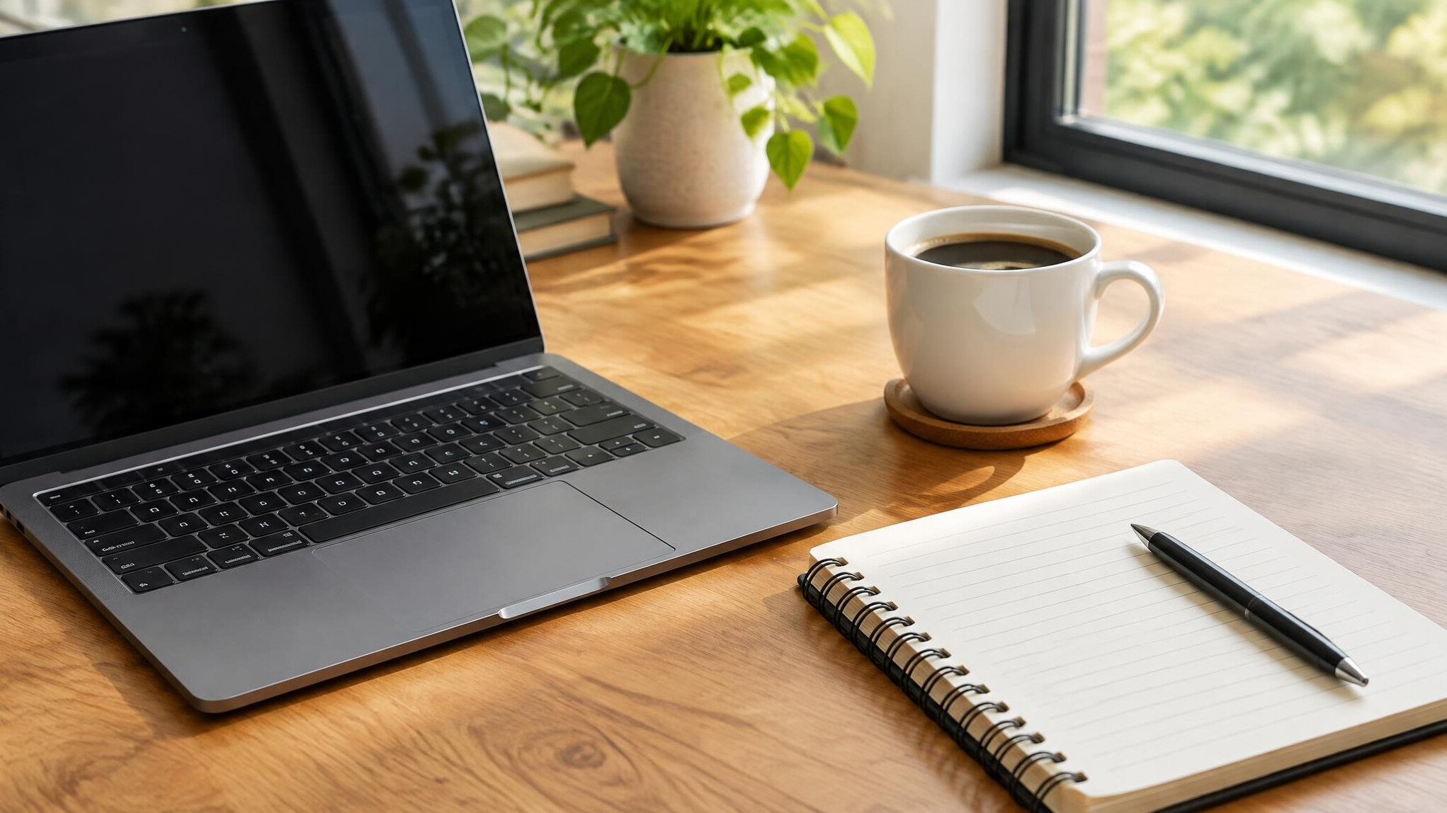 Laptop and notebook on a wooden desk