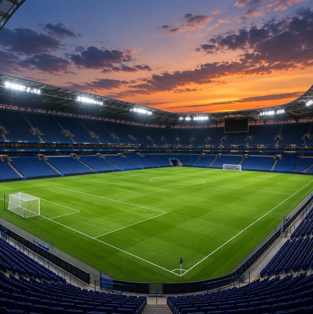Football stadium at dusk with floodlights