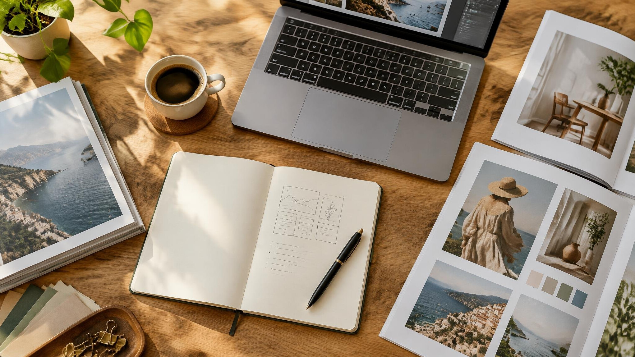 Editorial desk with laptop notebook and coffee